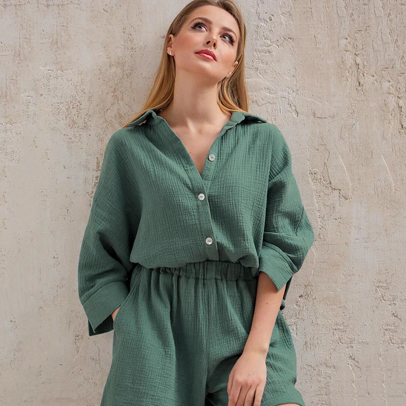 Women's Cotton Pajama Set Casual Collar Sleepwear Suit Loran