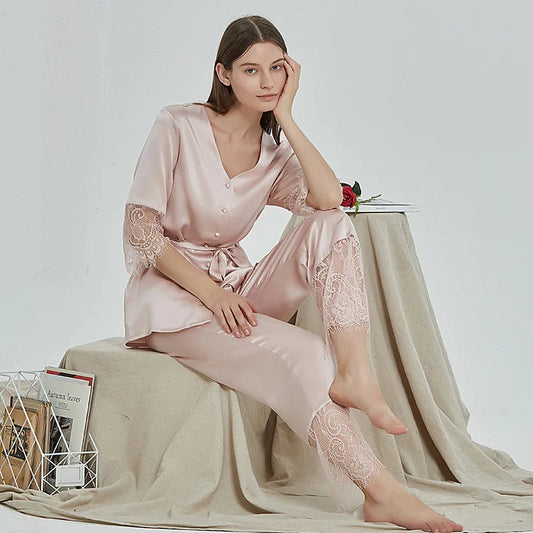 Silk pajamas for women 100% Mulberry Luxury Silk Long SleeveXL Sleepwear pyjamas women 22MM Loran