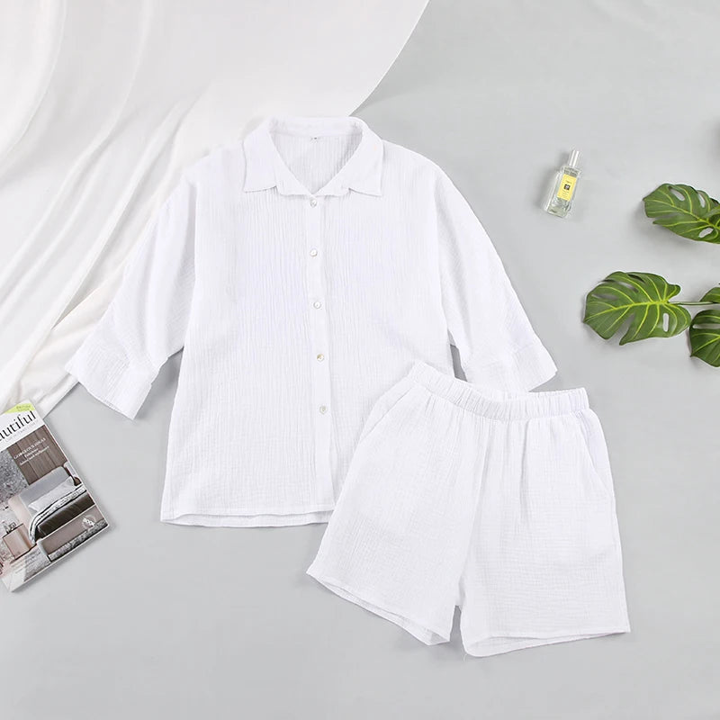 Women's Cotton Pajama Set Casual Collar Sleepwear Suit Loran