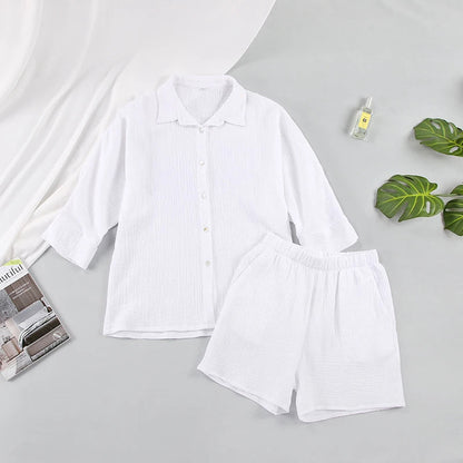 Women's Cotton Pajama Set Casual Collar Sleepwear Suit Loran