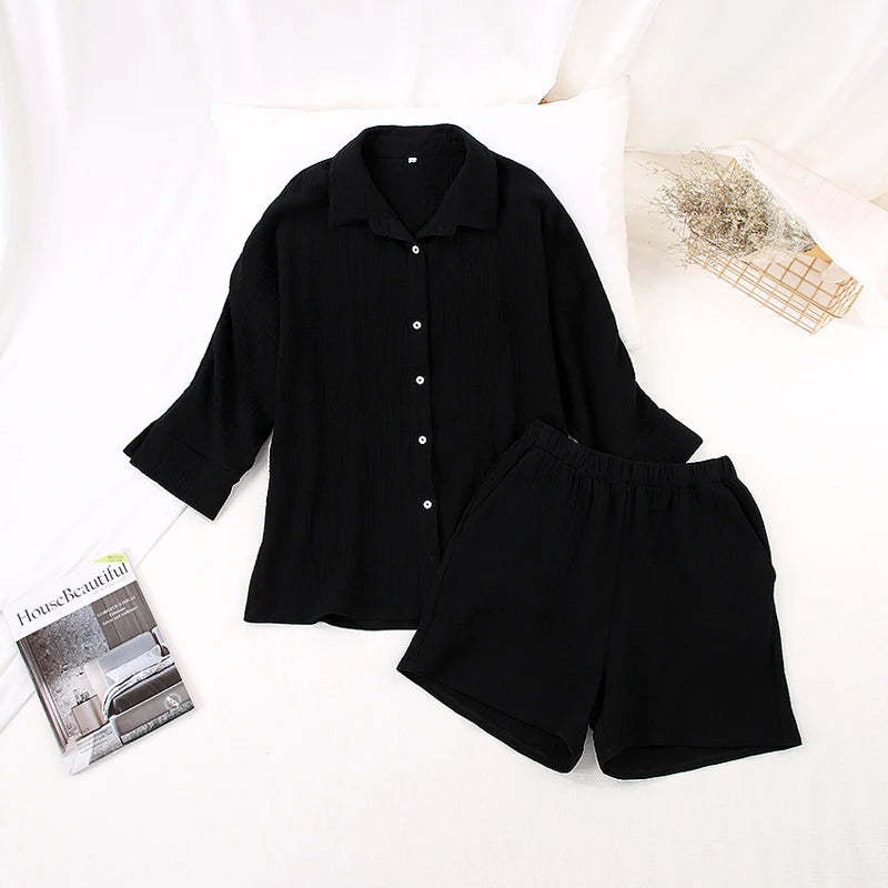 Women's Cotton Pajama Set Casual Collar Sleepwear Suit Loran