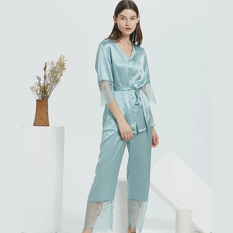 Silk pajamas for women 100% Mulberry Luxury Silk Long SleeveXL Sleepwear pyjamas women 22MM Loran