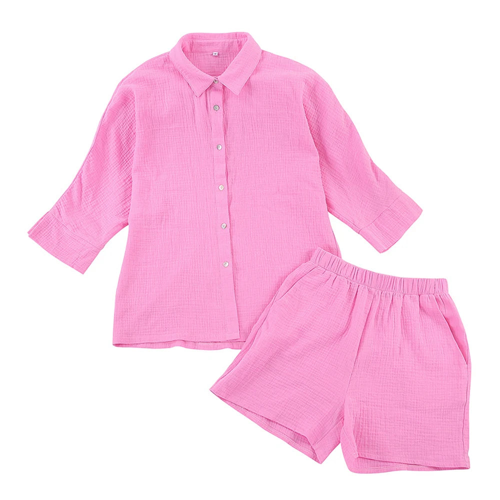 Women's Cotton Pajama Set Casual Collar Sleepwear Suit Loran