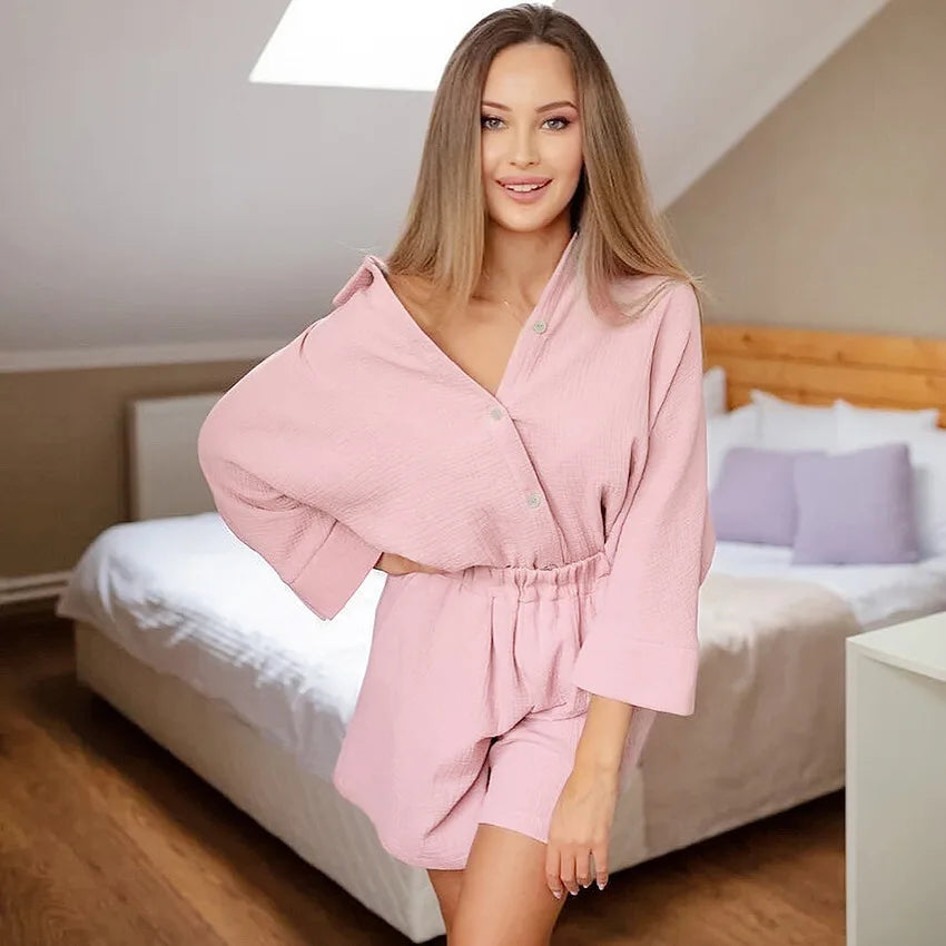 Women's Cotton Pajama Set Casual Collar Sleepwear Suit Loran