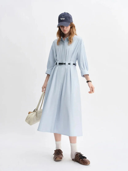 Autumn Vertical Stripe Pleated Shirt Dress with Belt - Loran