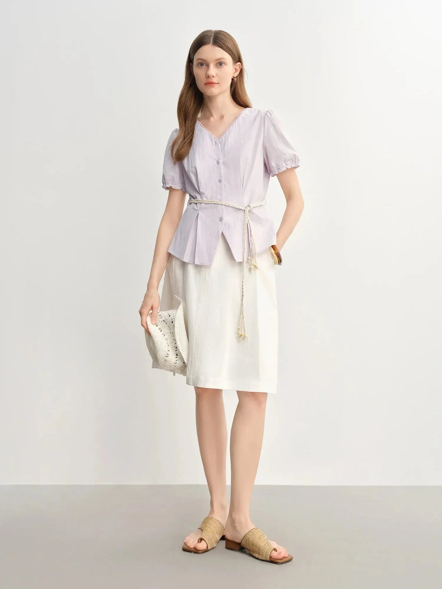 Summer V-Neck Top with Textured Pleats LORAN STORE
