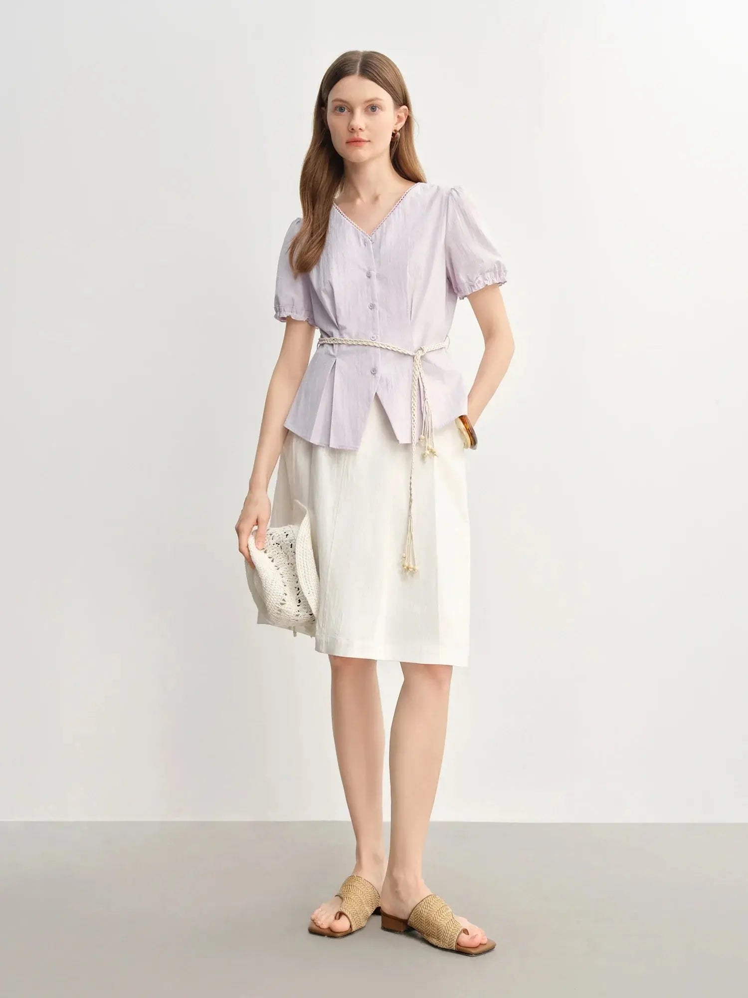 Summer V-Neck Top with Textured Pleats LORAN STORE