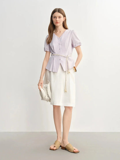 Summer V-Neck Top with Textured Pleats LORAN STORE