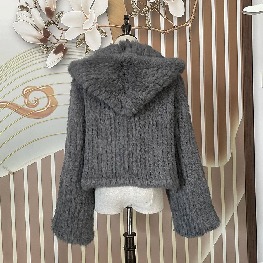 Luxurious Rabbit Fur Knit Hooded Coat