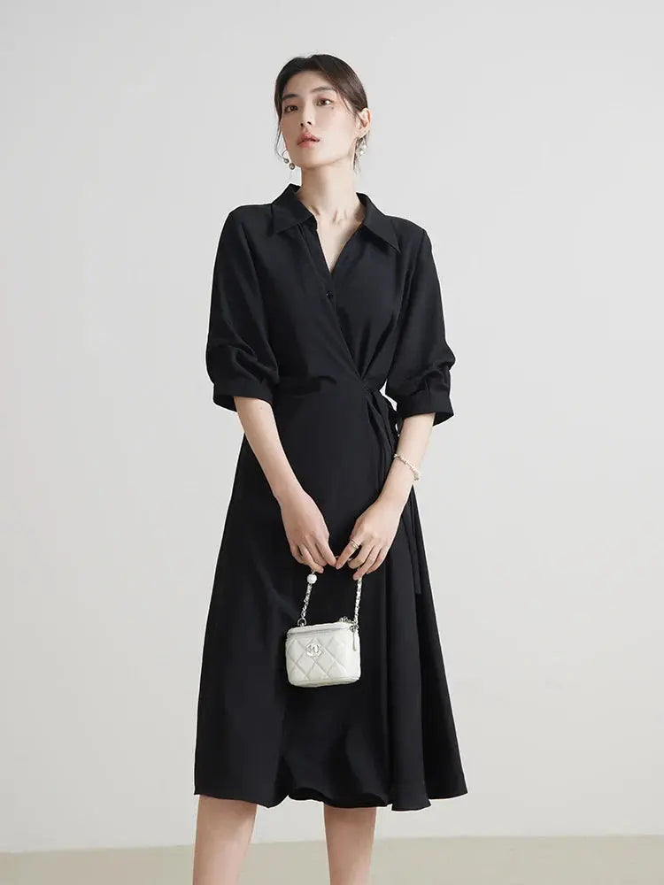 Temperament Black A-Line Drape Dress with Turn-down Collar - Loran