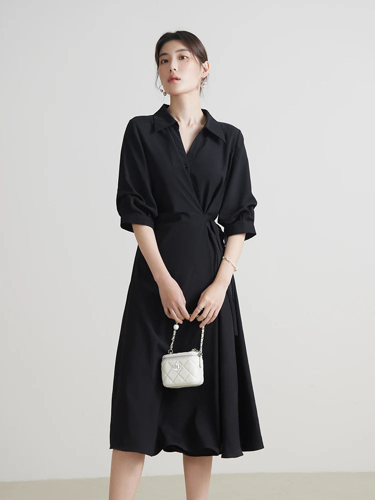 Temperament Black A-Line Drape Dress with Turn-down Collar