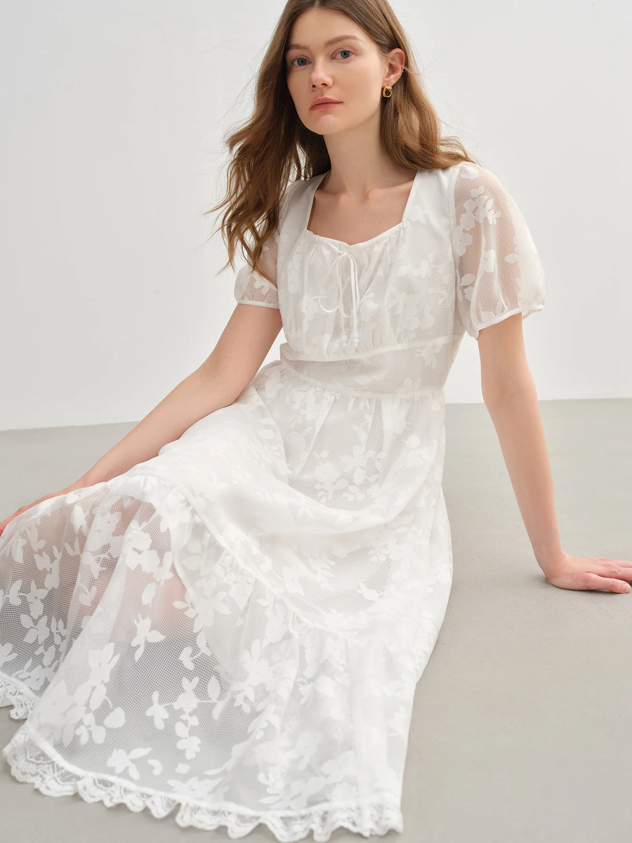 Plus-Size French Tie-Neck Burnout Mini Dress