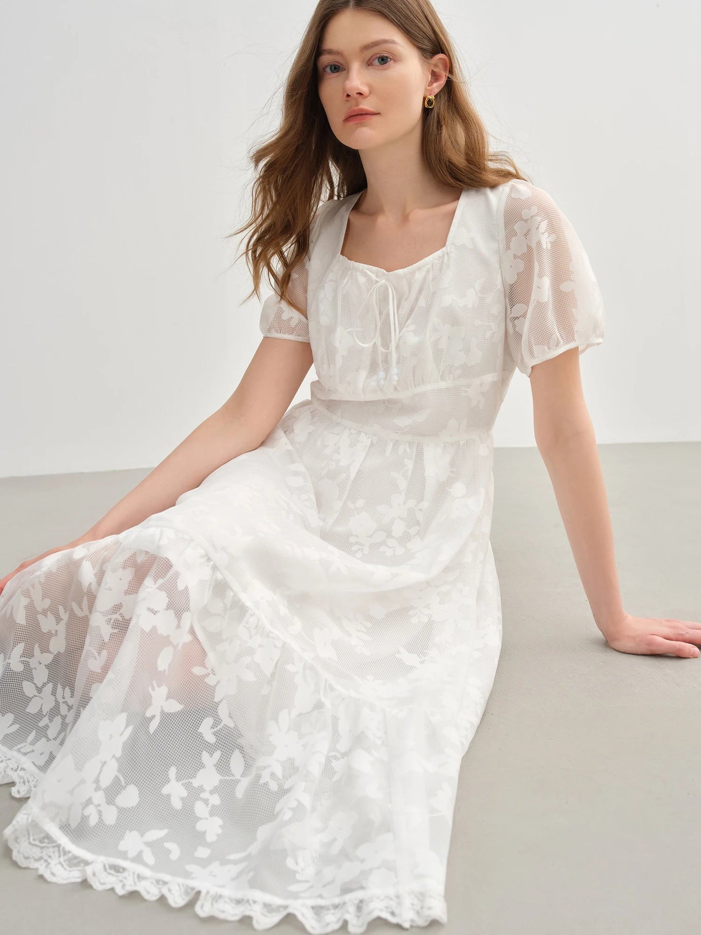 Plus Size White Burnout Dress Elegant Square Neck Summer Loran
