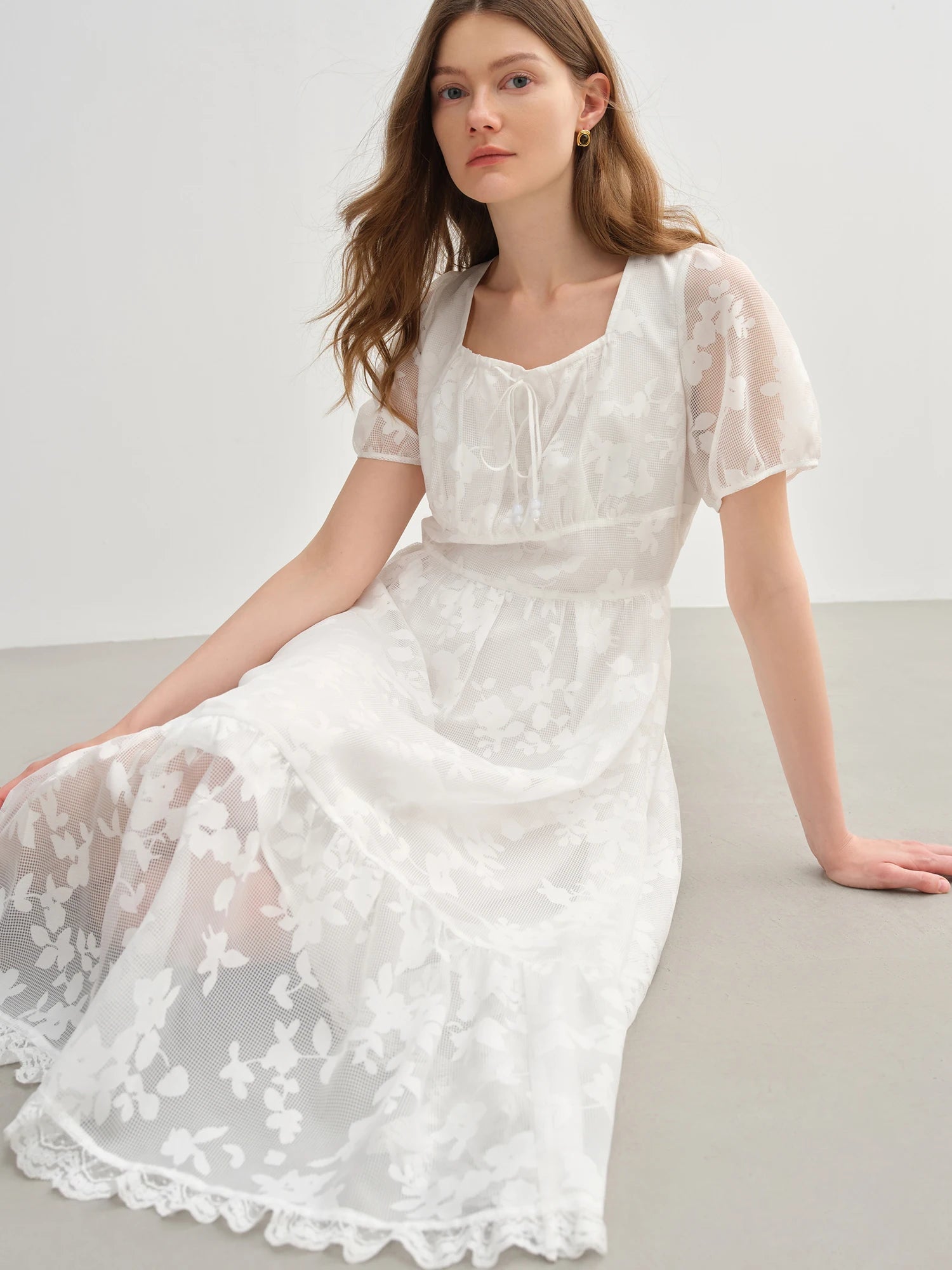 Plus Size White Burnout Dress Elegant Square Neck Summer Loran