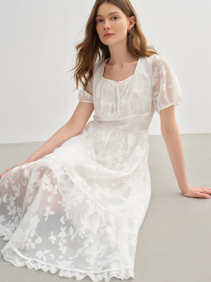 Plus Size White Burnout Dress Elegant Square Neck Summer Loran