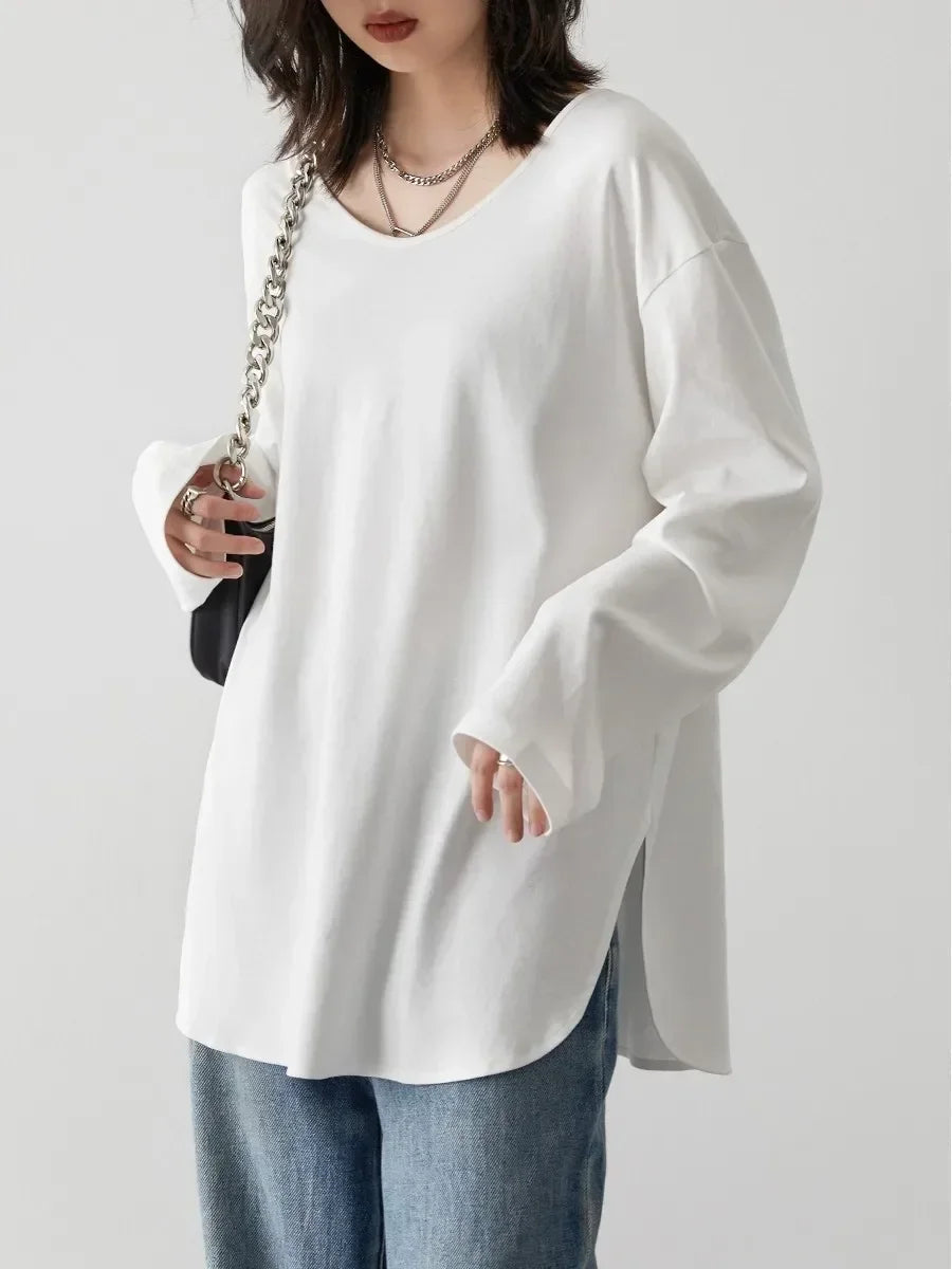 Loose U-Neck Long Sleeve Tee Casual Split Hem Top Loran