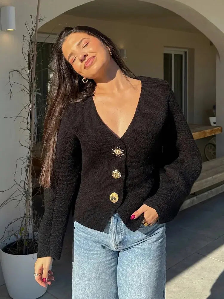 Solid Color Single-Breasted Knit Cardigan - Loran