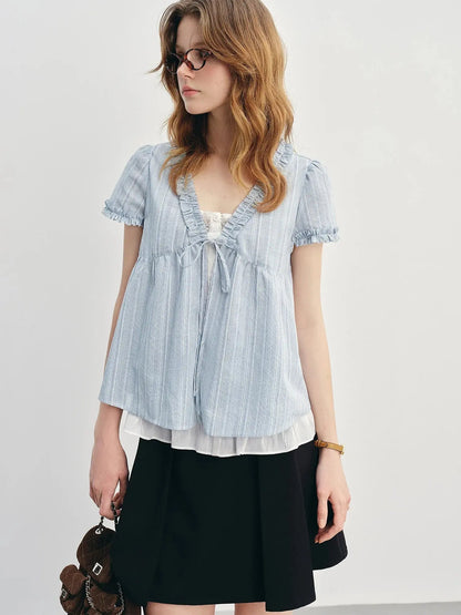 New Blue Striped Ruffle Blouse - Loran