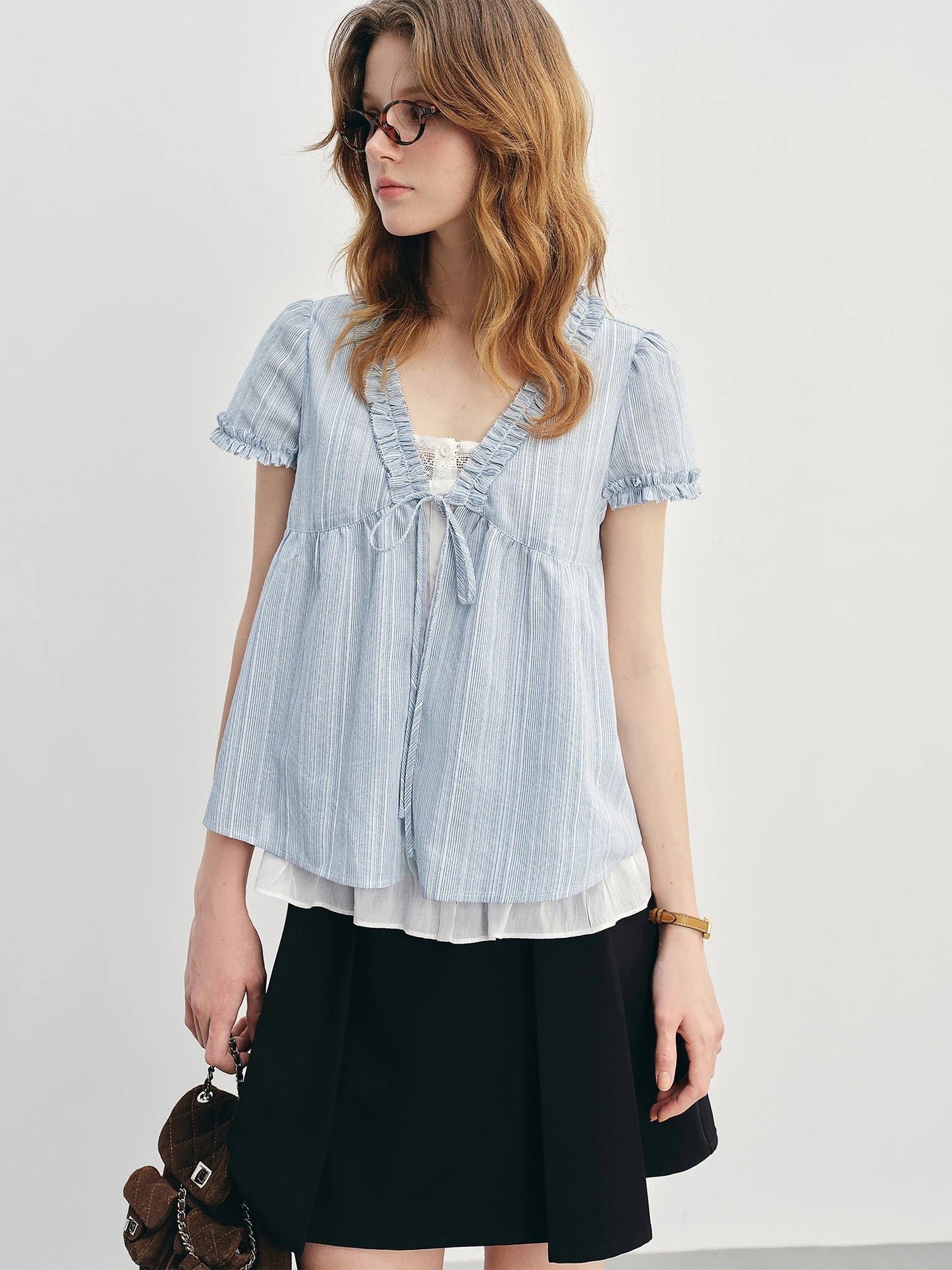 Ruffled Striped Blue Shirt Fake Two-Piece Top Loran