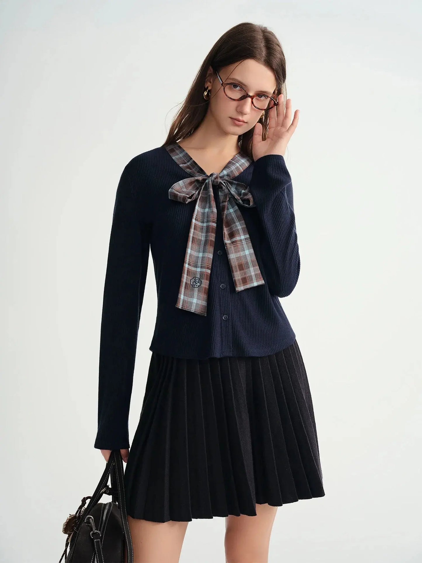 Women's Autumn/Winter Tartan Print Knit Coatigan with Tie Collar - Loran