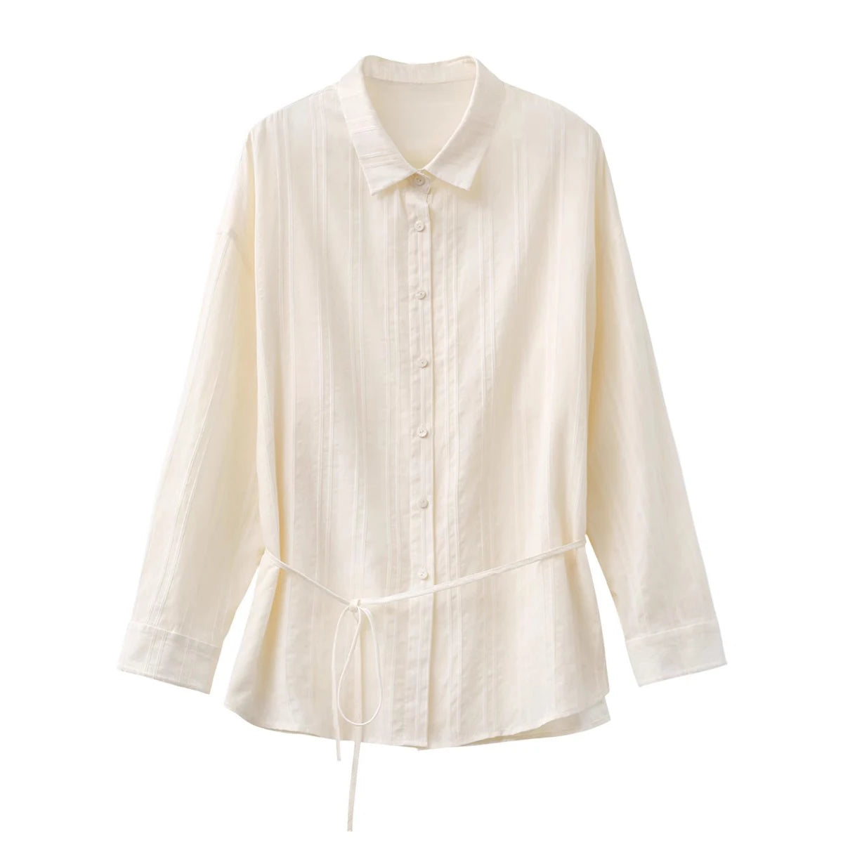 Textured Striped Waist Shirt Long Sleeve Summer Blouse Loran