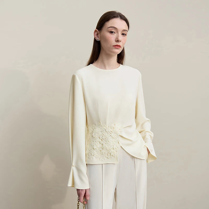 Amii Women's Blouse 2026 Spring New Elegant Commuter Crew Neck Lace Chiffon Women's Shirt Loose Versatile Elegant Top 12681001 Loran