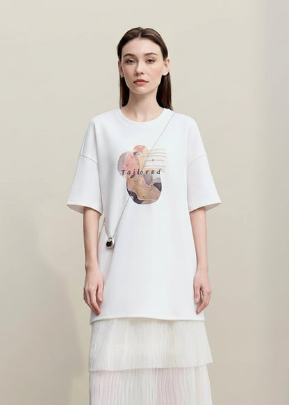 Amii Women's T-shirt 2026 Spring New Casual Crew Neck Down Shoulder Sleeves Printing T-Shirt Women's Loose Cotton Top 12611006 Loran