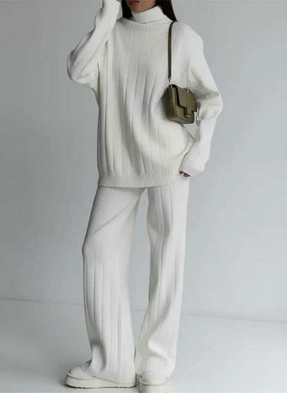 Women's White Knitted Turtleneck & Jogger Pant 2-Piece Set - Loran