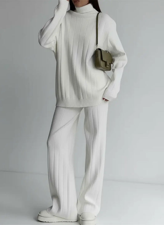 Women's White Knitted Turtleneck & Jogger Pant 2-Piece Set - Loran