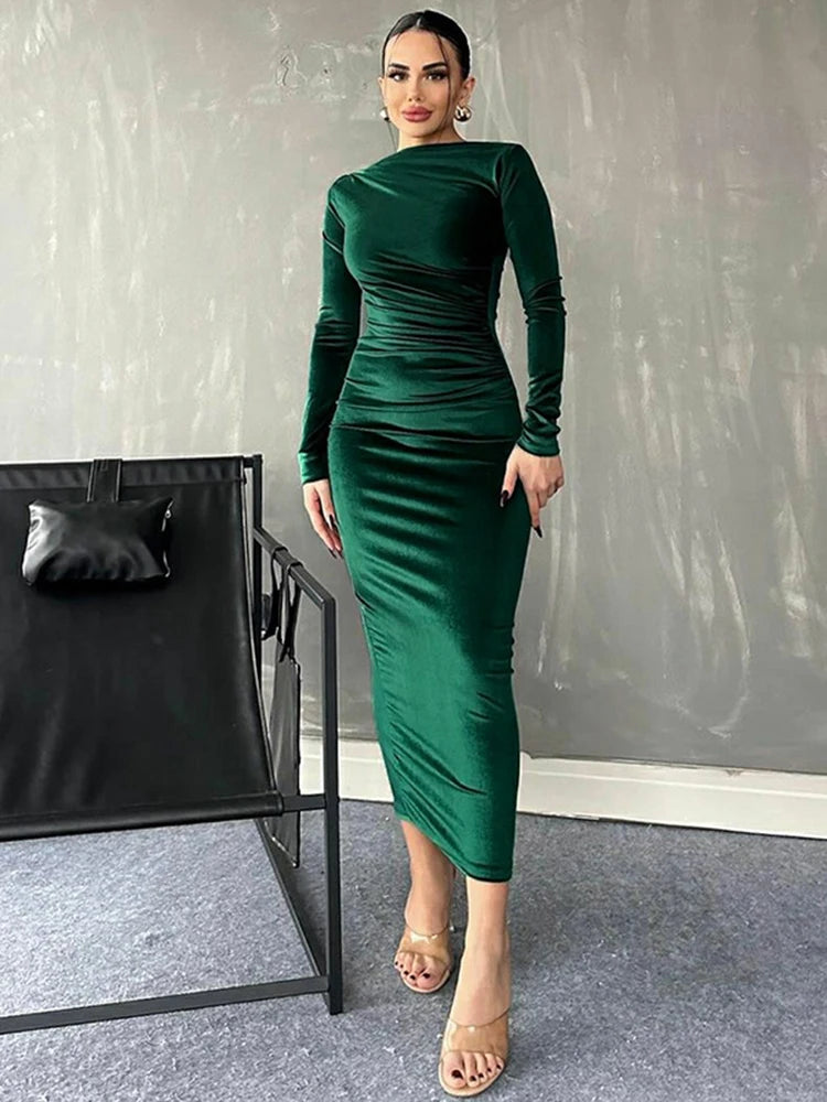 Women's Green Velvet Midi Dress with Ruched Detailing