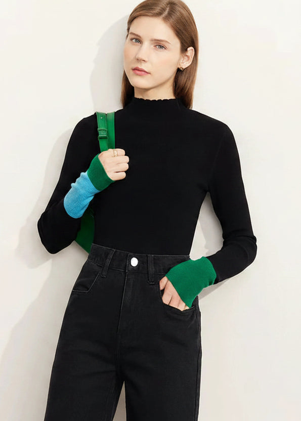AMII Minimalist 2025 Winter New Sweaters for Women Office Lady Basics Half High Collar Color Contrast Slim Pullovers 12324067 Loran