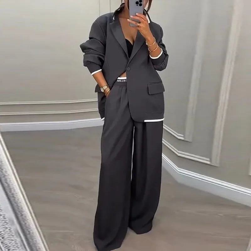 The Power Set: Solid Button Blazer and Straight-Leg Pant Suit