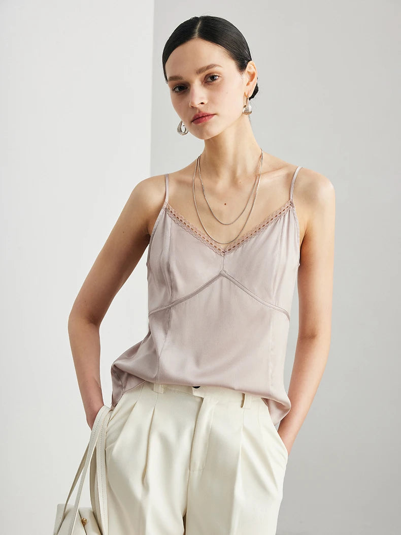 Women’s Real Silk Lace Camisole Chic V-Neck Top Loran