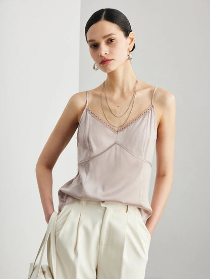 Women’s Real Silk Lace Camisole Chic V-Neck Top Loran