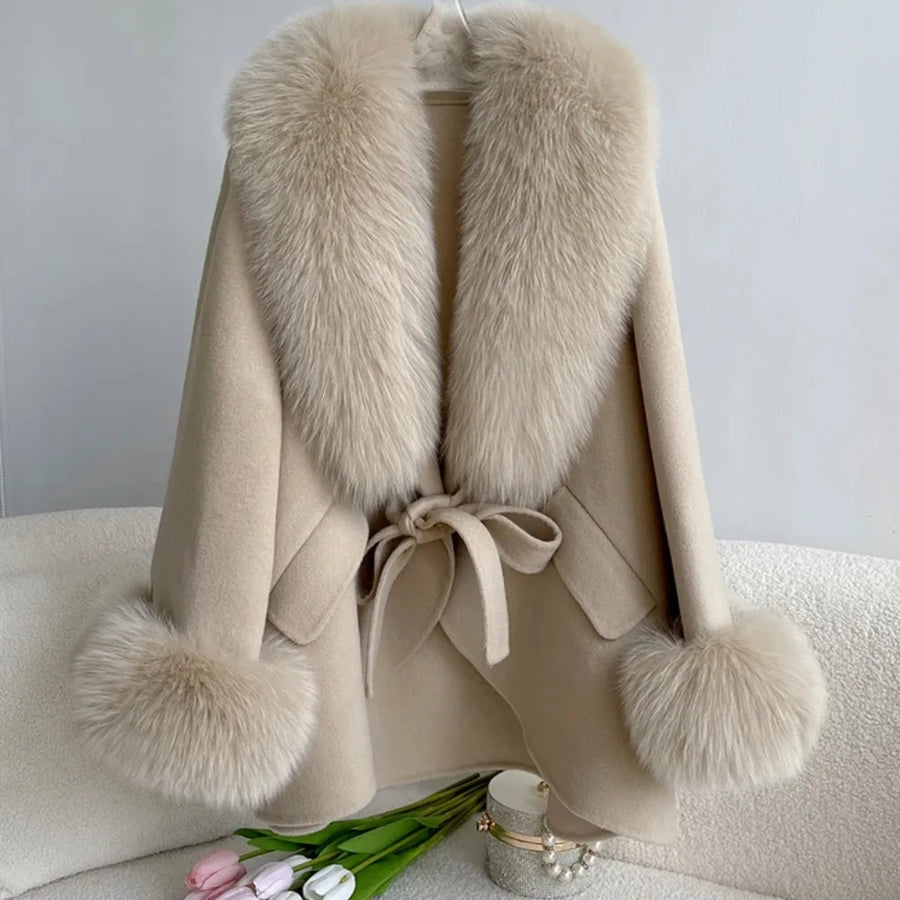Luxury Wool Blend Cape with Detachable Fur Collar