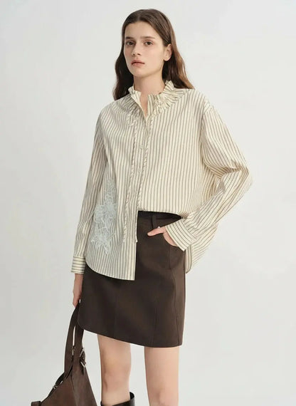 Plus Size French Style Striped Shirt with Lace Patch - Loran