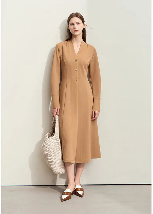Amii Minimalism 2025 Women Dresses Autumn New Elegant V-neck Buckle Waist Fashion Office Lady Slim Long Dress Female 12443046 Loran