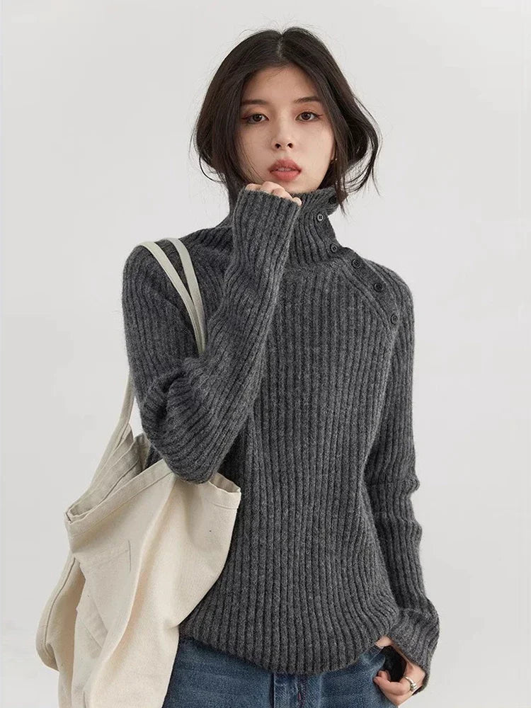 Slanted Collar Knit Sweater Loose Autumn Jumper Loran