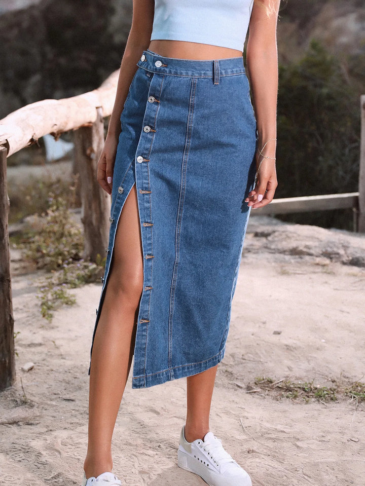 Denim Maxi Skirt Side Split - 3IN SMART Shop  #