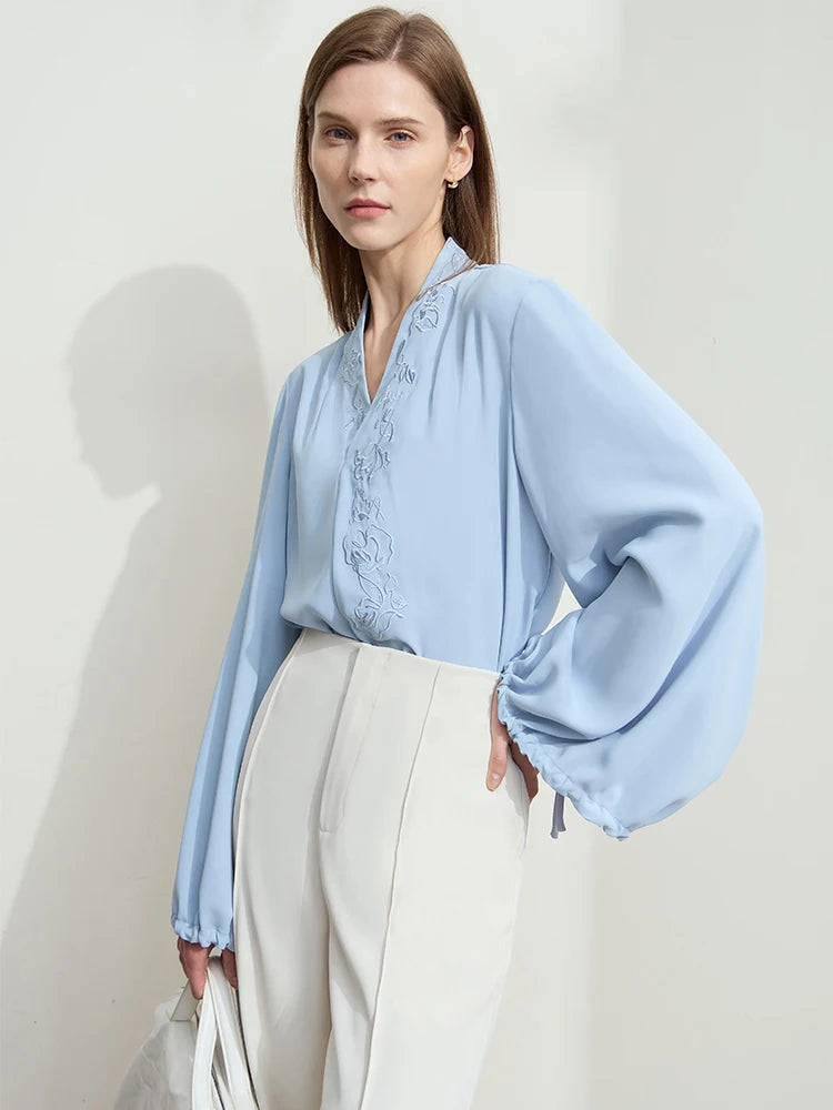 Amii Chiffon Women's Blouse 2025 Autumn New V-neck Letter Embroidered Top Elegant Lantern Sleeve Loose Women's Shirt 12421028 Loran