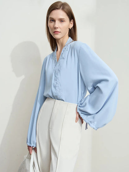 Amii Chiffon Women's Blouse 2025 Autumn New V-neck Letter Embroidered Top Elegant Lantern Sleeve Loose Women's Shirt 12421028 Loran