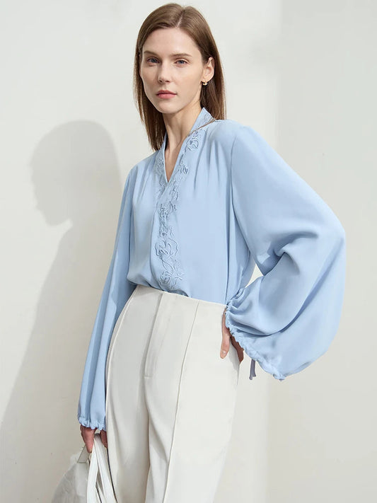 Amii Chiffon Women's Blouse 2025 Autumn New V-neck Letter Embroidered Top Elegant Lantern Sleeve Loose Women's Shirt 12421028 Loran