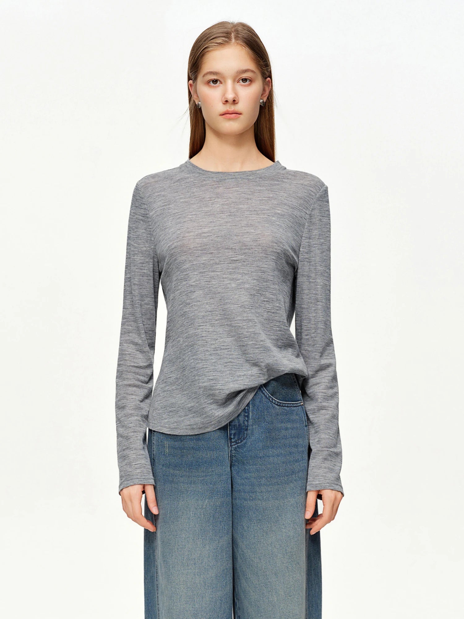 DUSHU Women's Green and Gray Contrasting Color Layered Two-Piece Knit T-Shirts Spring 2026 New Arrival Fashion Long Sleeves Tops Loran