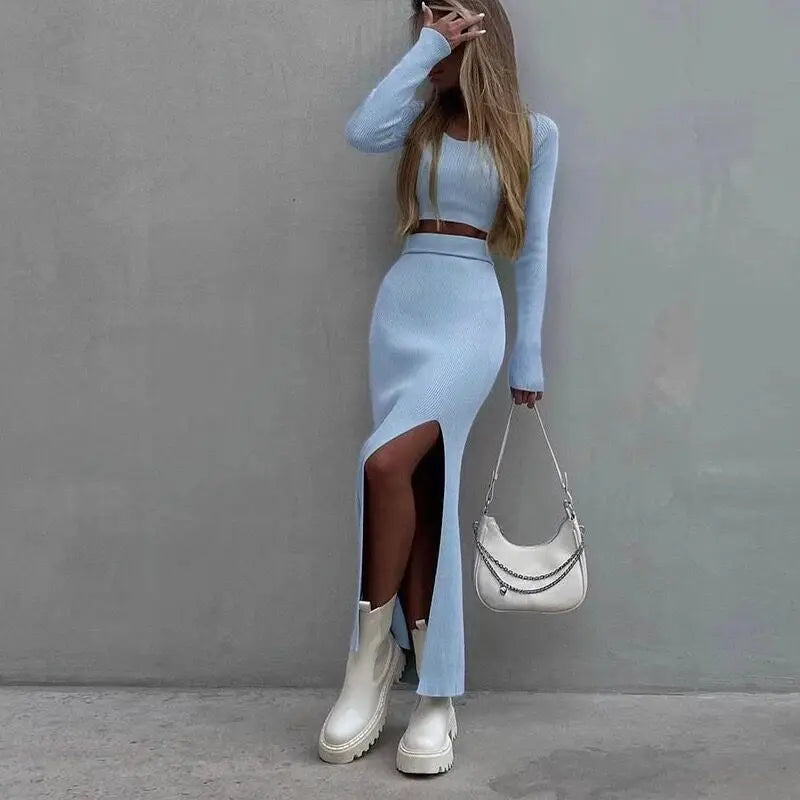 Solid Knit 2-Piece Bodycon Skirt Outfit