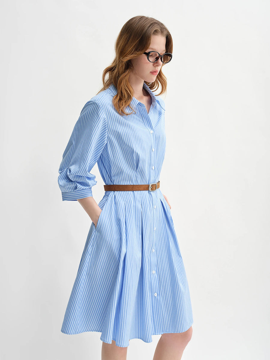 Waist-Defined Pleated Shirt Dress in Blue and White Stripe