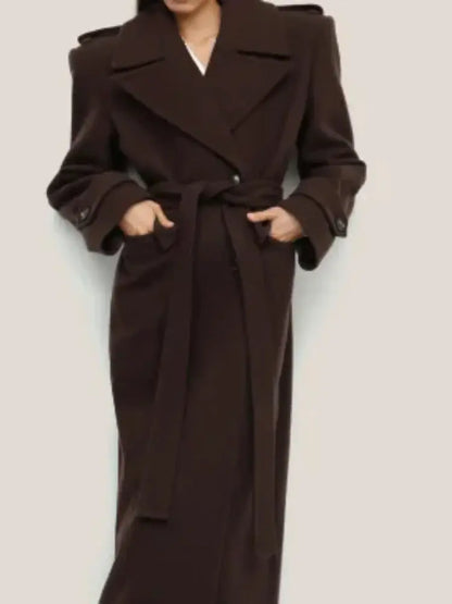 Chic Double-Breasted Wool Coat with Lace-Up Detail - Loran