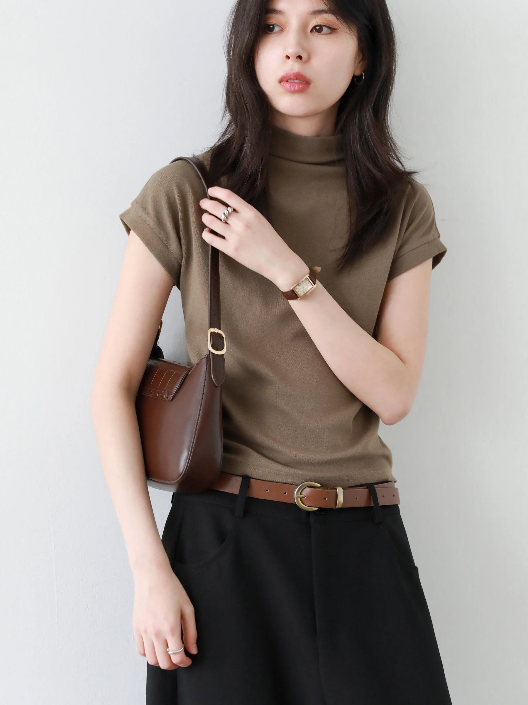 Slim Fit Half High Neck T-Shirt Elastic Basic Tee Loran