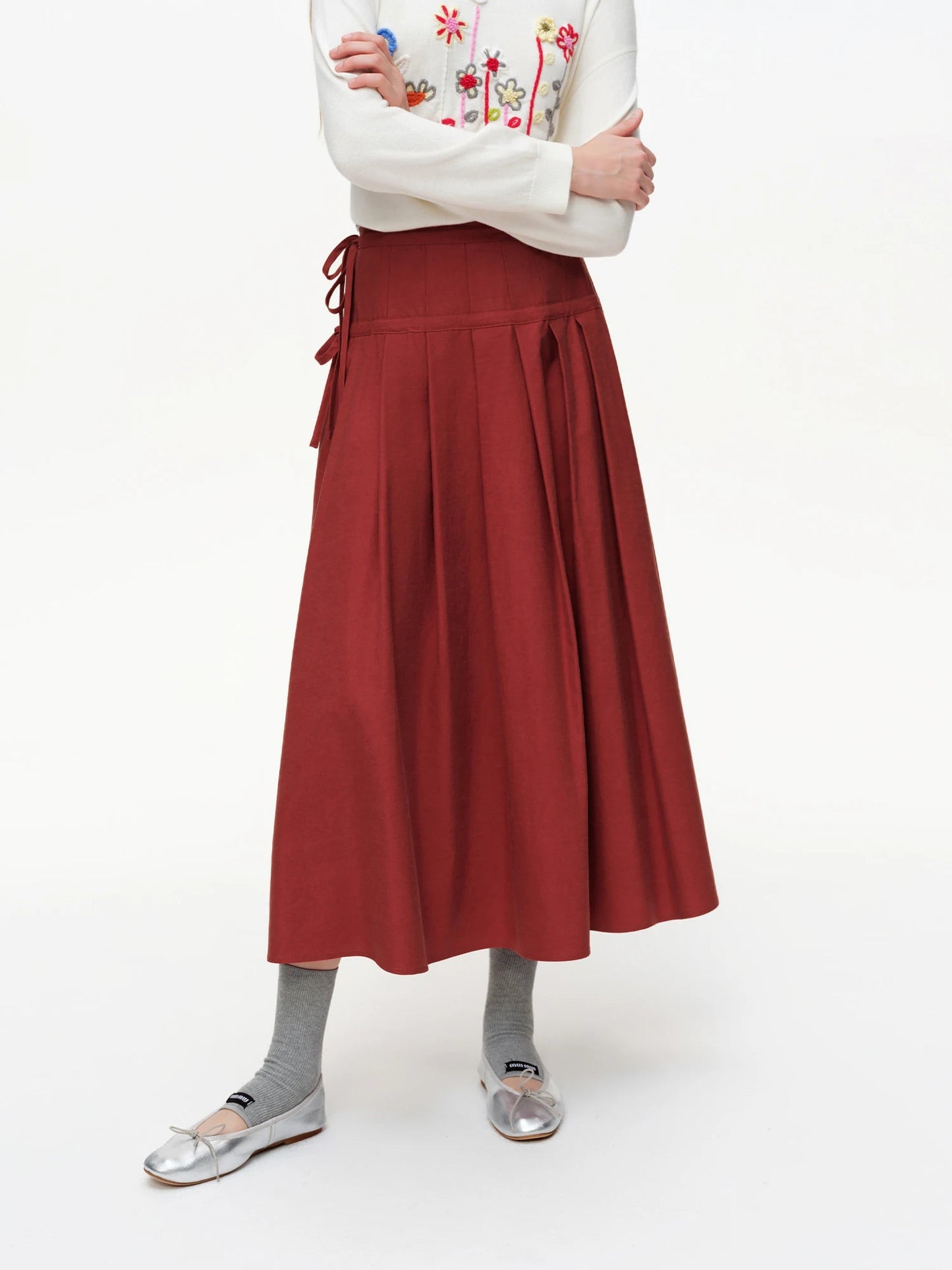 High Waist 3D Pleated Midi Skirt with Side Tie & Ruffles Loran