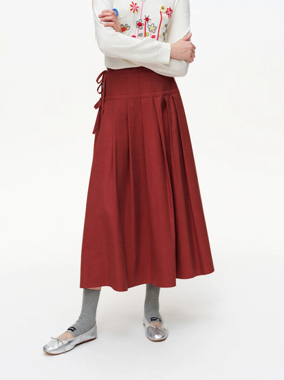 High Waist 3D Pleated Midi Skirt with Side Tie & Ruffles Loran