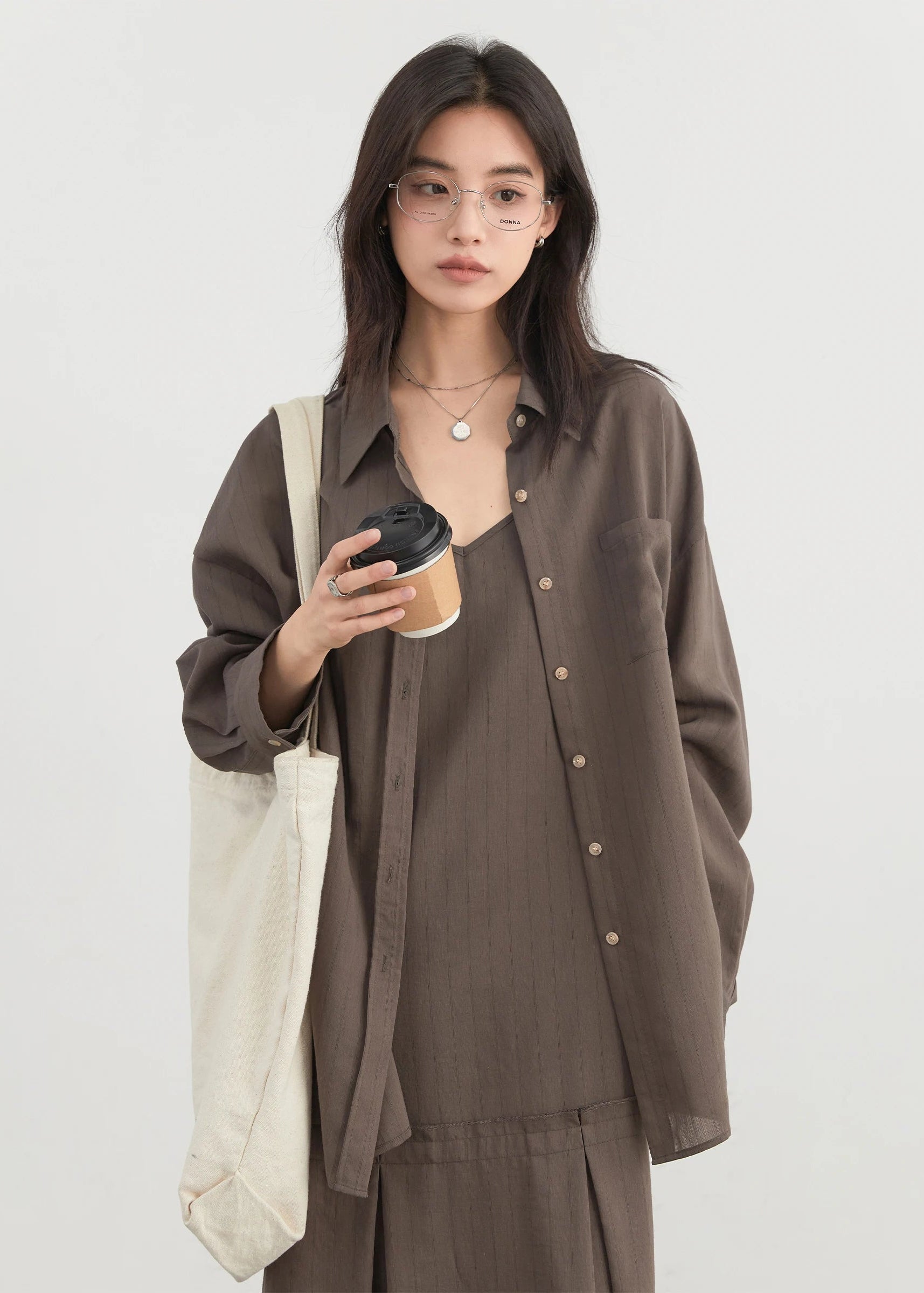 CHIC VEN Women Dress Sets Stripe Shirt Loose Casual Long Sleeve Sunscreen Blouses Camisole V-neck Dresses Spring Autumn 2025 Loran